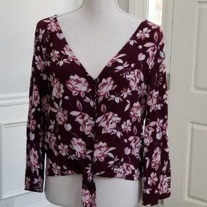 Aeropostale Women's Floral Top V-neck Long Sleeve Waist Tie Size Large